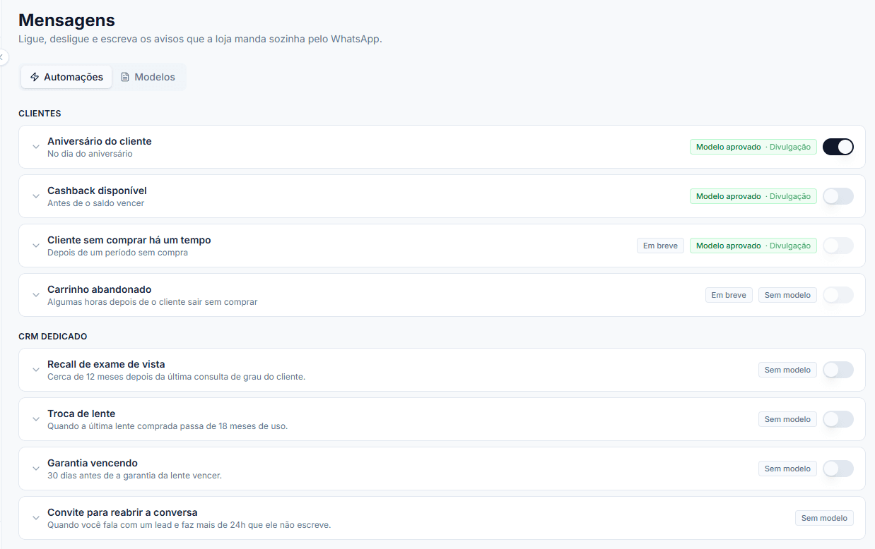 Aba Automações da central de mensagens da ZF System, com o interruptor de cada aviso que a loja manda sozinha. No grupo Clientes: aniversário do cliente (ligado), cashback antes de o saldo vencer, cliente sem comprar há um tempo e carrinho abandonado, os dois últimos marcados como Em breve. No grupo CRM Dedicado: recall de exame de vista cerca de 12 meses depois da última consulta de grau, troca de lente aos 18 meses de uso, garantia da lente vencendo em 30 dias e convite para reabrir a conversa.
